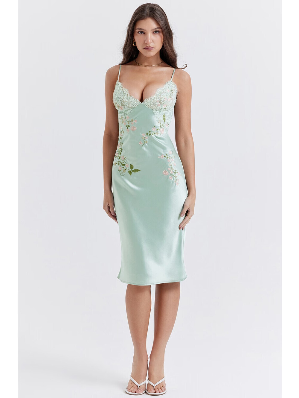 NEW, HOUSE OF CB Fallon Embroidered Slip Dress in light jade sz L #MD2534